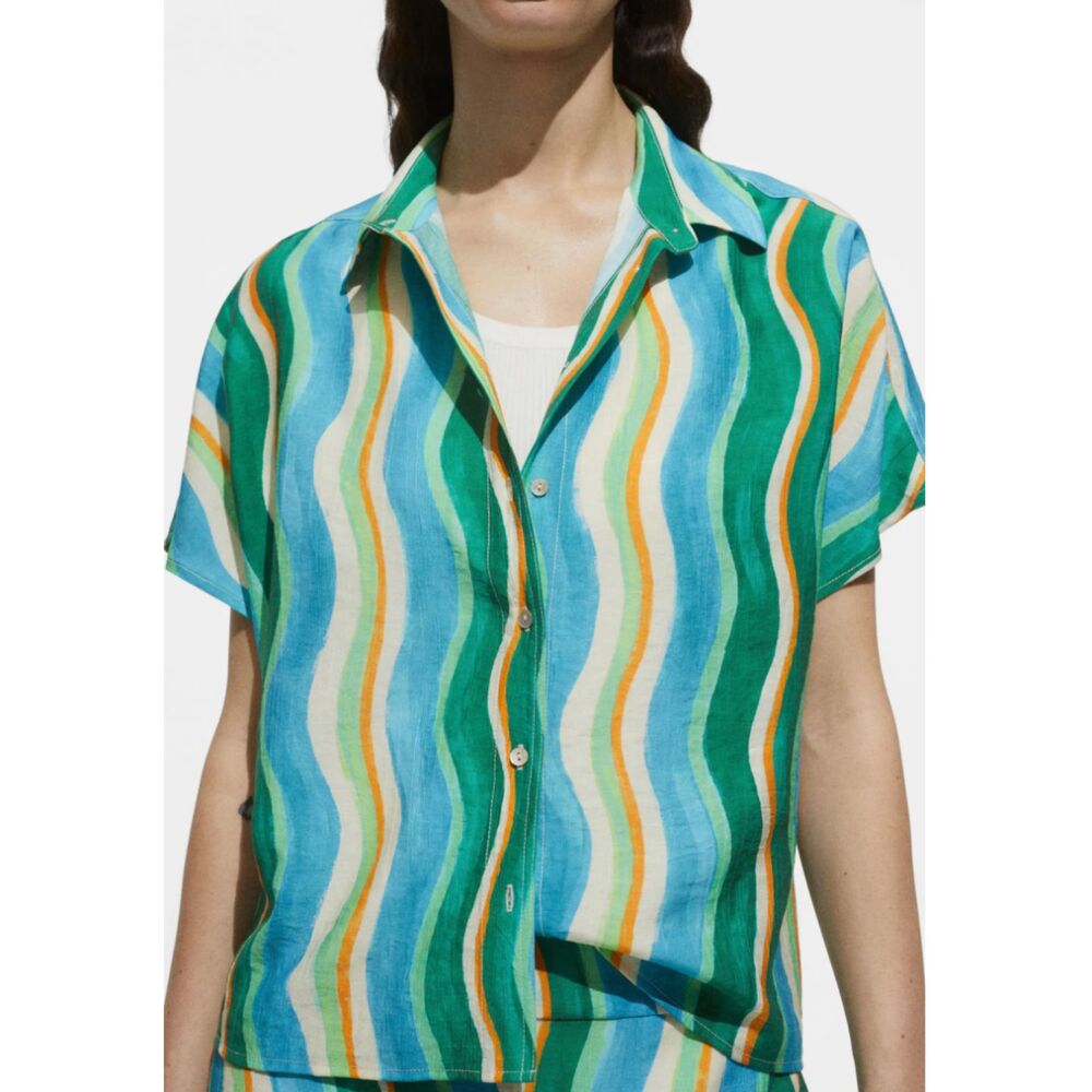 MANGO Wavy‎ Print Button Down Green/Blue Sz 6